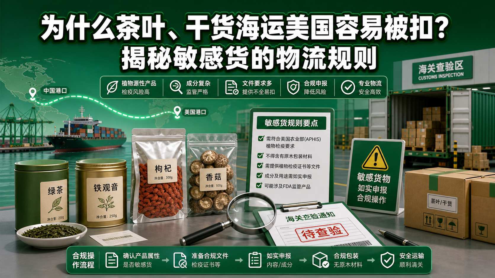 为什么茶叶、干货海运美国容易被扣?揭秘敏感货的物流规则 为什么茶叶、干货海运美国容易被扣?揭秘敏感货的物流规则