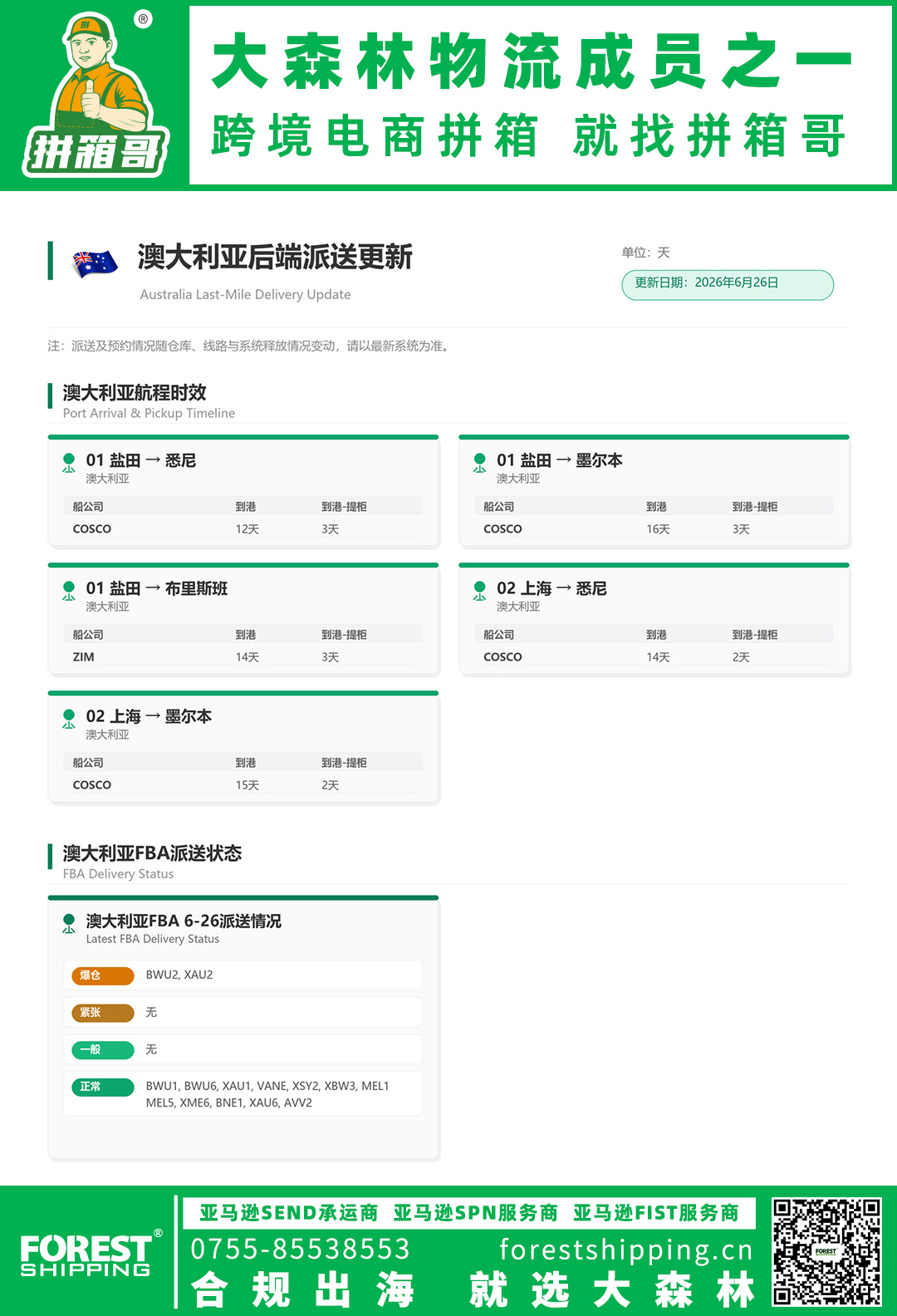 2026年6月26日澳大利亚到港时效及后端派送情况更新